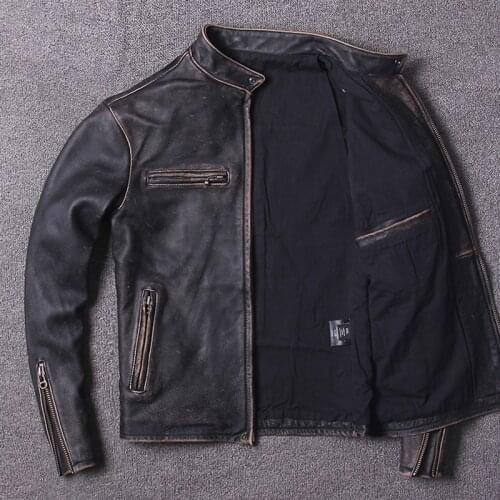 2020 Vintage Black Men Slim Fit Motorcycle Leather Jacket Plus Size XXXXL Genuine Cowhide Spring Short Biker Coat FREE SHIPPING