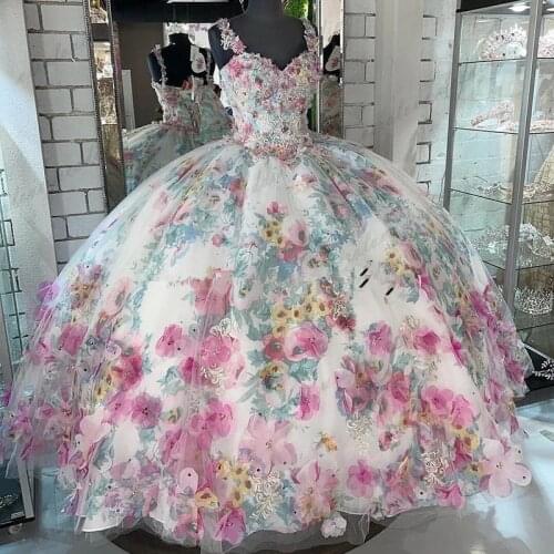 2021 Quinceanera Ball Gown Dresses 3D Floral Flowrs Sweet 16 Dress Floor Length Puffy Party Gown vestidos de 15 años