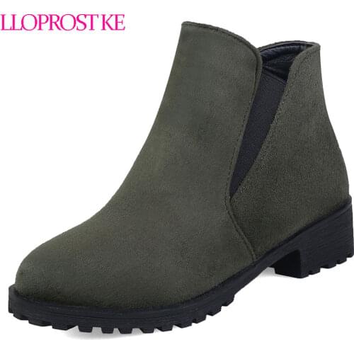 Lloprost ke Ankle Boots Round Toe Chelsea Boots Thick Heels Woman Fashion Flock Slip-On Womens Autumn Shoes Size 33-46 D30