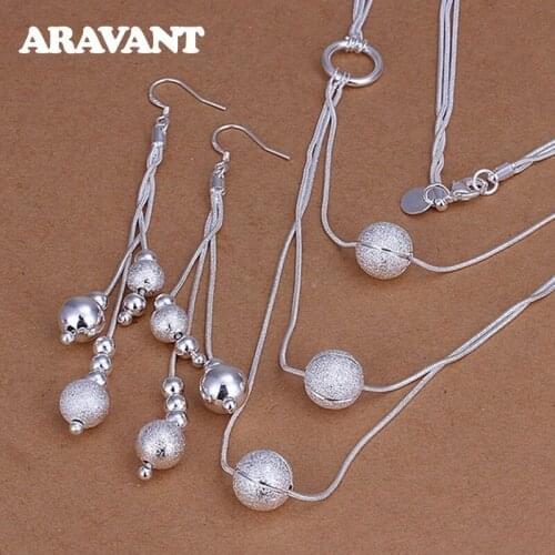 925 Silver Bead Necklace Earring Set For Women Wedding Fashion Jewelry Gifts