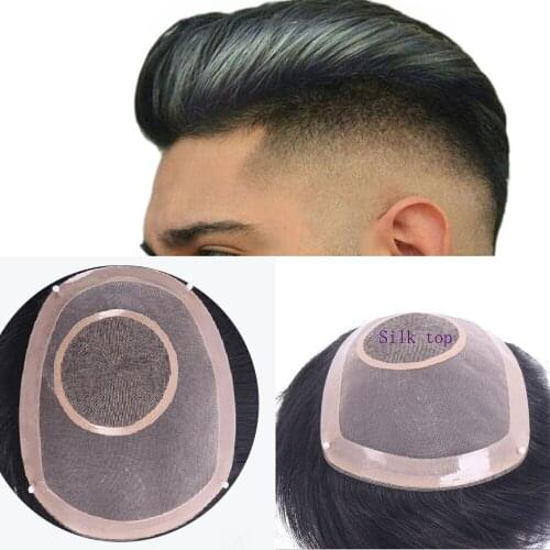 Mens Toupee Silk top Mono and NPU Hair Replacement Systems Handmade Wig Natural Remy 6inch Peruvian Human Hair For Men