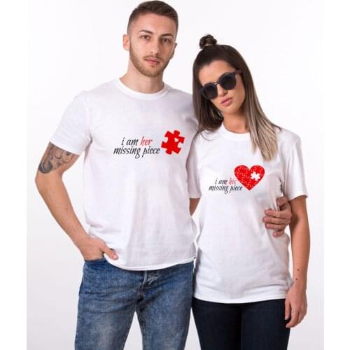 I Am Her Missing Piece & I Am His Missing Piece Couple TShirt for Lovers Husband Wife Harajuku Matching Shirt Valentine Day Gift