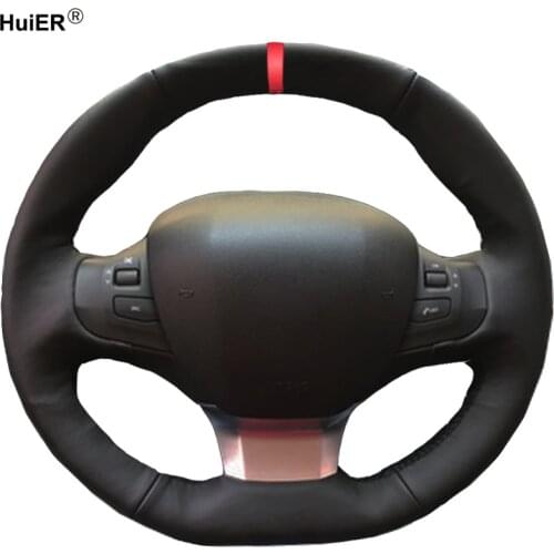 HuiER Hand Sew Car Steering Wheel Cover Red Marker For Peugeot 308 2016 2017 Breathable Car Styling Interior Accessories Parts