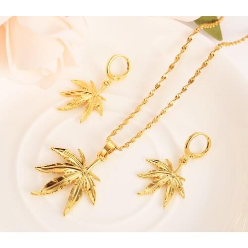 African gold pendant Necklace Earring Set Women Party Gift Cannabiss Weed Marijuana Leaf charms women girls Fine Jewelry gift