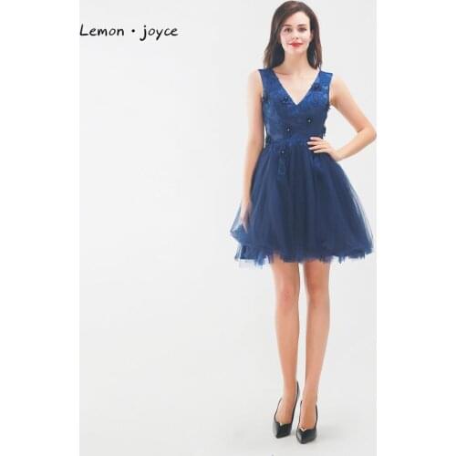 Lemon joyce Elegant Short Prom Dresses 2020 Dark Blue Sexy V-neck Backless Mini Party Prom Gowns vestidos de gala