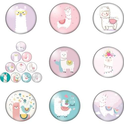 Cute Animals Happy Alpaca Round Photo Glass Cabochon Demo Flat Back Making Findings Handmade DIY Accessories