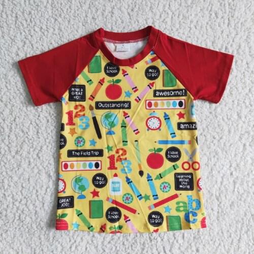 Fashion pencil pattern boy t-shirt red short sleeve back to school shirt