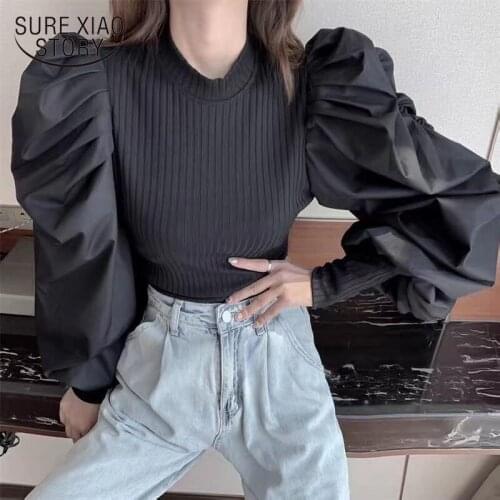 Fashion Chic Satin Round Neck Blouse Shirt Women Long Puff Sleeve Ladies Tops Knitted Soft Shirts White Top Blusas Mujer 12369