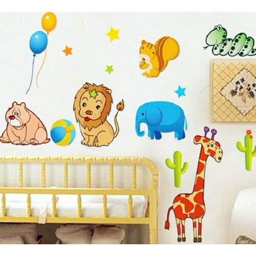 Cartoon Animals Playing Wall Stickers For Kids Room Decoration Diy Safari Lion Giraffe Bear Wall Mural Art Home Decals