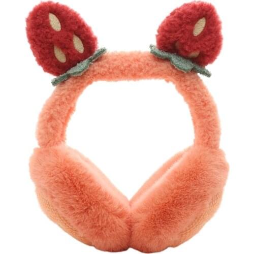 Women Winter Fluffy Plush Earmuffs Cartoon Strawberry Foldable Ear Warmers Cover X5XA