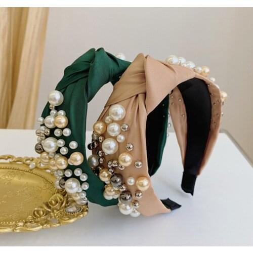 Pure Color Fabric Knotted Headand Fashion Hair Accessories Women Size Pearl Bowknot Broad Side Hairband Cute Hair Hoop Headwear