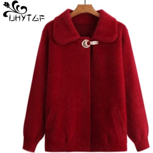 UHYTGF Autumn coat Female Quality mink cashmere casual warm winter jacket elegant women loose 4XL plus size tops outerwear 1249