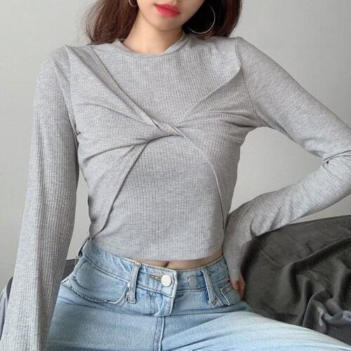 Autumn Womens Long-sleeved Tops Pure Color Round Neck Cross T-shirt Slim Gray Female Bottoming Shirt Casual Sexy Street Wear