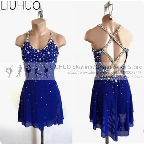 LIUHUO Ice Skating Dress Women Girls Spandex Soild Blue Figure Skating Roller Gymnastics Skating Belly Skirt