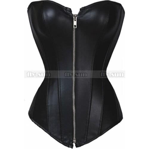 Sexy Black Faux Leather Zip Corset Top Punk Bustier Biker Costume S M L XL 2XL 3XL 4XL 5XL 6XL