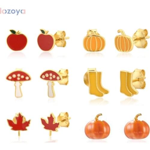 LOZOYA 925 Sterling Silver Gold Enamel Red Stud Earring Yellow Stud Earring Mushroom Pumpkin Maple leaf Apple Piercing Clips