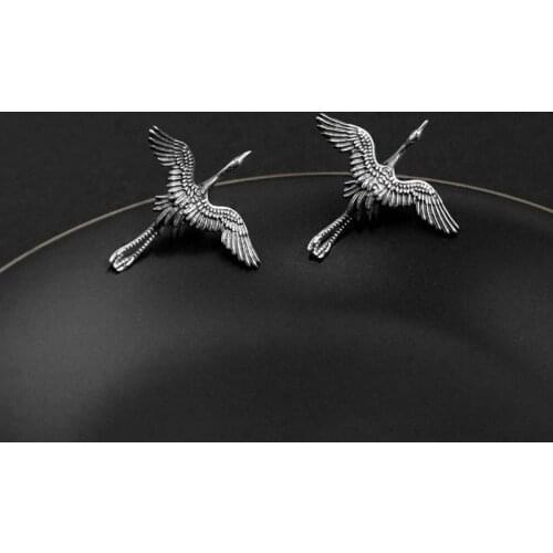 Retro Chinese Animal Crane Stud Earrings Silver Plated National Elegant Womens Stud Earrings Leisure Party Jewelry Accessories