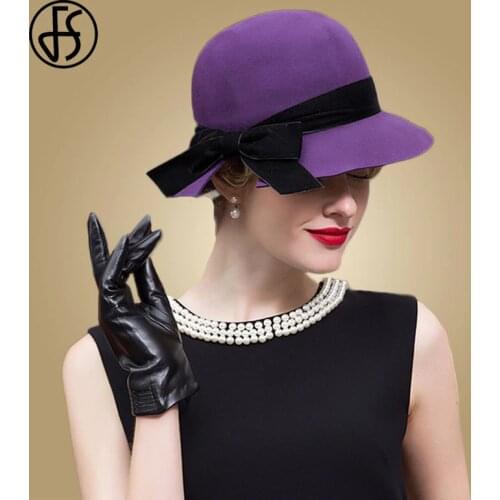 FS 2019 Purple Hat Women Fedora Winter Wide Brim Wool Felt Fedora Hats Fashion Vintage Cloche Church Chapeau Feutre Femme