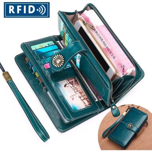 Genuine Leather Women Wallet Female Long Clutch Lady Purse RFID Anti-magnetic Luxury Brand Money Bag Magic Zipper Coin Purse