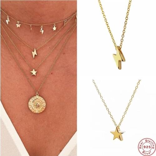 Aide 925 Sterling Silver Star Lightning Bolt Charm Pendant Necklaces For Women Slim Chain Choker Stackable Necklace Fine Jewelry