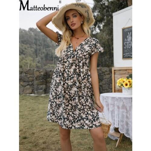 2021 Summer Womens Boho Midi Dress Elegant A-Line Sexy V Neck Floral Print Dresses Female Loose Pocket Casual Party Vestidos