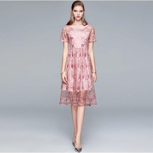 JSXDHK Fashion Summer Pink Mesh Dress New Arrival Women Elegant Short Sleeve Flower Embroidery Midi Dress Vintage O Neck Vestido