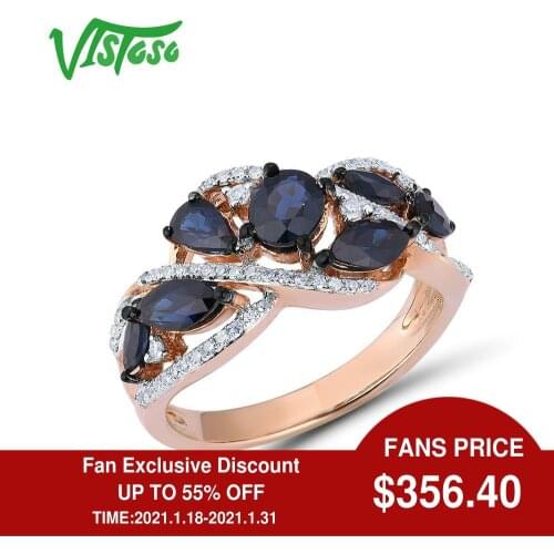VISTOSO Gold Rings For Women Genuine 14K 585 Rose Gold Ring Leaves Shiny Diamond Blue Sapphire Wedding Engagement Fine Jewelry