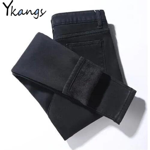 Winter Plus Velvet Thicked Mom Pencil Jeans Solid Color Black Blue Slim Skinny Elastic Women Denim Pants Korean Classic Trousers