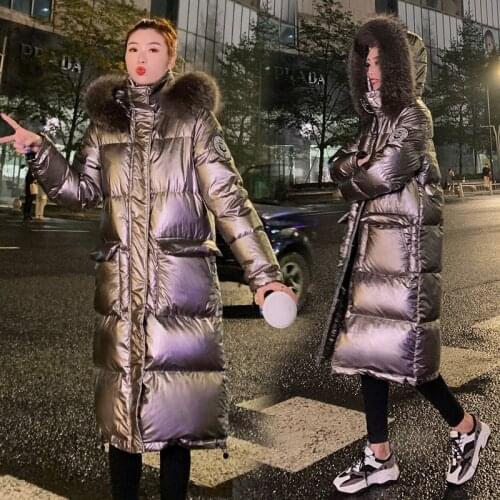 Winter new style long pocket zipper dark buckle warm jacket fashion big fur collar bright face down jacket