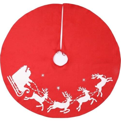 100cm Red Christmas Tree Skirt Mat Reindeer Sled Santa Claus Caribou Polyester Snowflakes Xmas Tree Cover Decor Party Decoration
