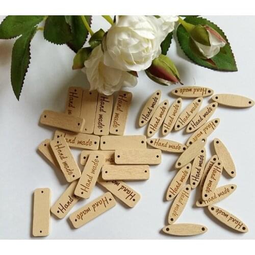 50Pcs/lot Sewing Accessories "hand made" Tag Brand Wood Label Wooden Buttons For Sewing DIY Decorative Craft Scrapbooking