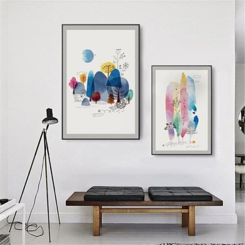 Watercolor Forest Canvas Painting Tree Nursery Cartoon Poster Canvas Print Painting Wall Art Living Room Home Decoration