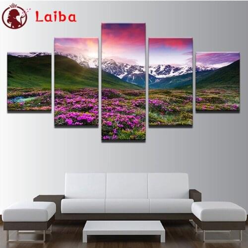 Diamond Embroidery Natural scenery, purple flower mountain Picture Of Rhinestone Diamond Painting Cross New Arrival5pcs