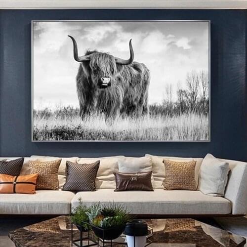 Black and White Freedom HIGHLAND COW Animal Canvas Painting Posters and Prints Scandinavian Yak Wall Art Picture for Living Room