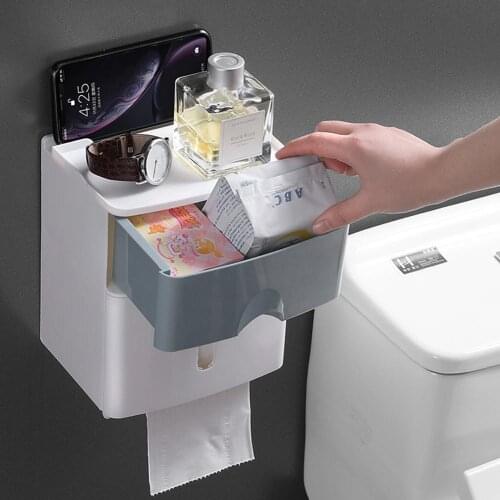 Bathroom Toilet Paper Holder Wall-Mount Paper Roll Dispenser Storage Shelf Rack Paper Storage Box with A Drawer Household Bath