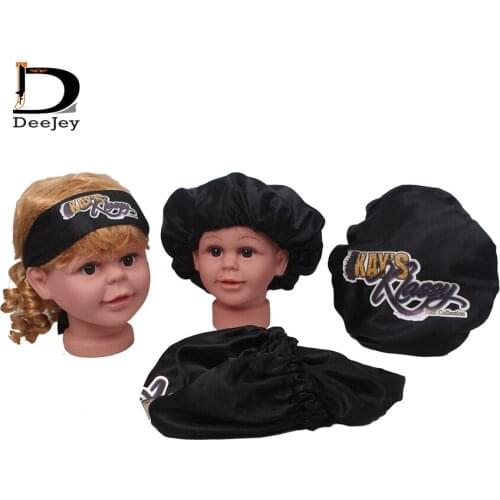 Customize printed quality 2 layer polyester satin bonnets for kids children sleep cap bath caps and head tie scarf 20pcs lot