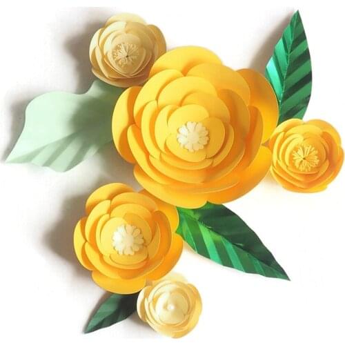 DIY Giant Paper Artificial Flowers Wedding Fleurs Artificielles Backdrop Artificial Rose 5PCS+4 Leave Party Decor Nursery Yellow
