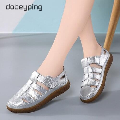 Dobeyping 2021 Woman Summer Genuine Leather Vintage Sandals Cut Outs Casual Sewing Womens Sandalias Hollow Female Beach Shoes