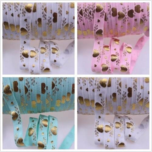 3 colors 5/8" Gold Foil heart printed Fold Over Elastic Valentine foe for hair accessory
