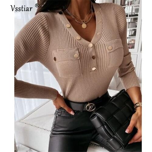 Elegant Women Knitted T-Shirt 2020 Long Sleeve Sexy V Neck Button Female Tops Autumn Winter Casual Pockets Ladies Shirts