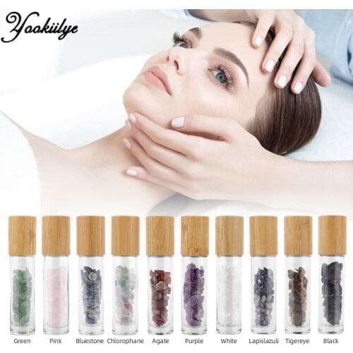 10Pcs/Set 10ml Natural Gemstone Jade Roller Bottle Bamboo Grain Lid Refillable Essential Oil Bottle Empty Bottle with Jade Stone