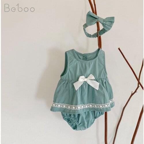 Ins 2021 Summer Baby Girl Climbing Bodysuits 2pcs Newborn Cotton Clothes With Bow Christmas Twins Baby Sleeveless Clothing 0-24m