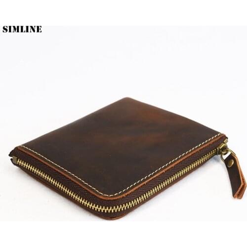 Genuine Leather Men Wallet Crazy Horse Handmade Male Purse Short Vintage Zipper Small Thin Wallets With Coin Pocket Card Holder
