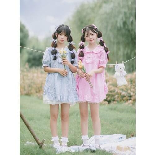 Kawaii Girl Princess Plaid Lovely Lace Peter Pan Collar A-line Dress Girl Summer Small Sweet Anime Cosplay Mori Loli Op Dresses