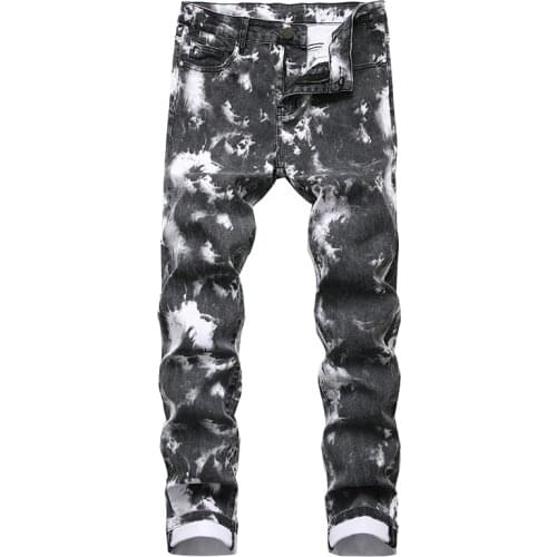 ABOORUN Fashion Mens Colorful Printed Hip Hop Jeans Slim Straight Streetwear Red Denim Pants for Male R3174