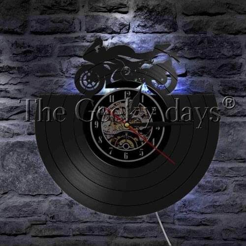 Retro Motorbike Silhouette Wall Light Vinyl Record Wall Clock With LED Night Light Race Speed Motorcycle Modern Lighting