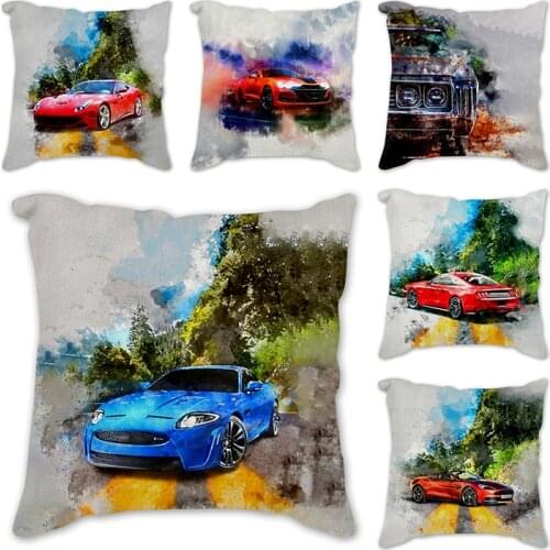 Cartoon Car Printing 45*45cm Cushion Cover Linen Throw Pillow Car Home Decoration Decorative Watercolor Pillowcase Cushion Cover