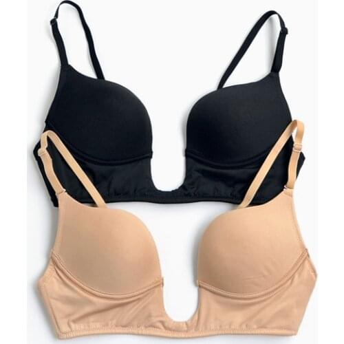 New design fashion black skin color glossy plunge bra evening dress underwear female low bust bra