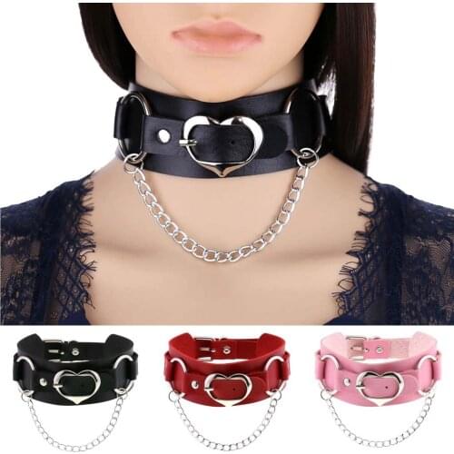 New Goth Choker Necklace Punk Rock Heart Double Belt PU Leather Necklace Gothic Bondage Metal Tassel Women Hip Hop Jewelry Party