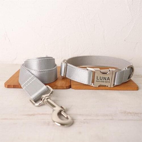 Personalized Dog Collar Custom Pet Collar Free Engraving ID Name Tag Pet Accessory Shiny Silver Puppy Collar Leash Set